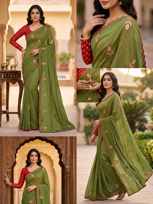 NN-2157 STAR GEORGETTE FABRIC SAREE WITH EMBROIDEY WORK WITH BEAUTIFUL DESIGN WITH CUTWORK BORDER WITH CONTRAST BUTTI BLOUSE
