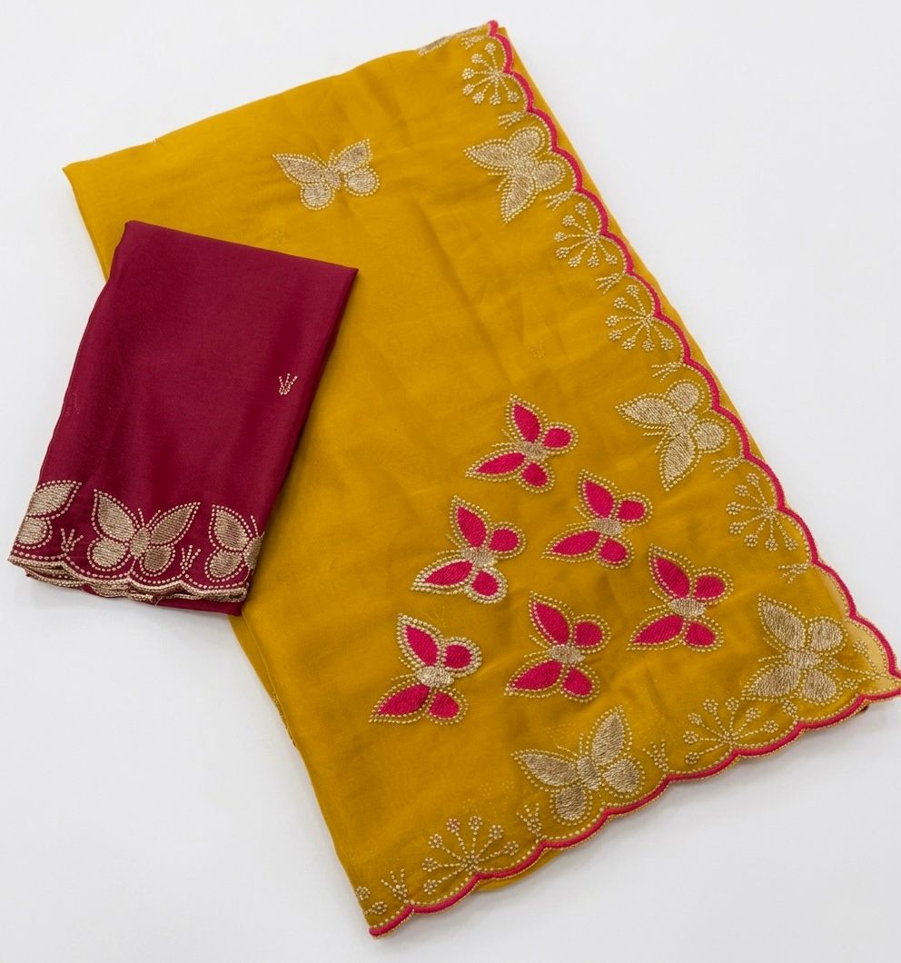 NN-2158 STAR GEORGETTE FABRIC SAREE WITH EMBROIDERY WORK WITH BEAUTIFUL DESIGN WITH CUTWORK BORDER WITH CONTRAST BUTTI BLOUSE
