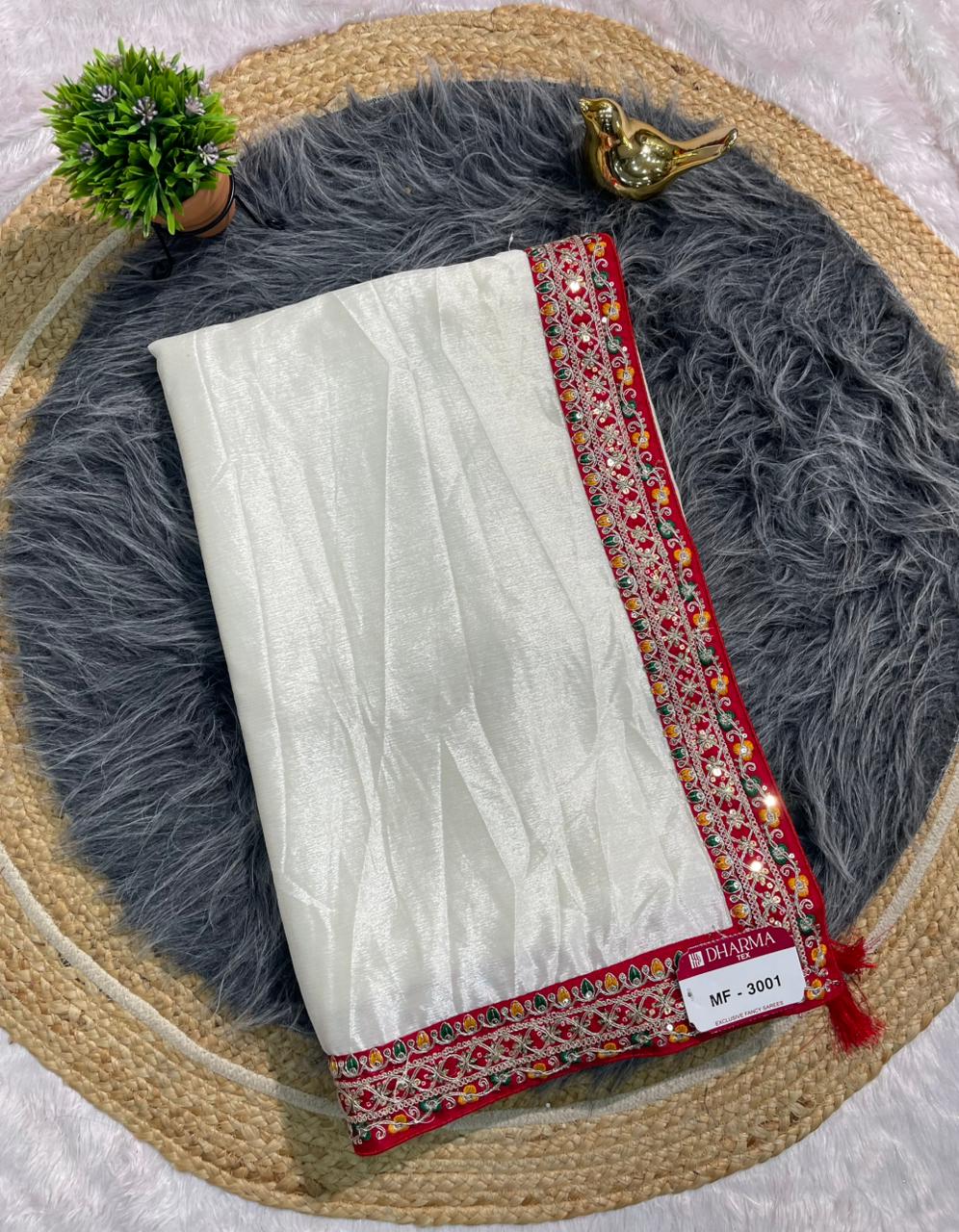MF-3001 CHINON FABRIC SAREE WITH EMBROIDERY WORK WITH CODING WORK WITH SEQUENCE WORK WITH HEAVY BLOUSE