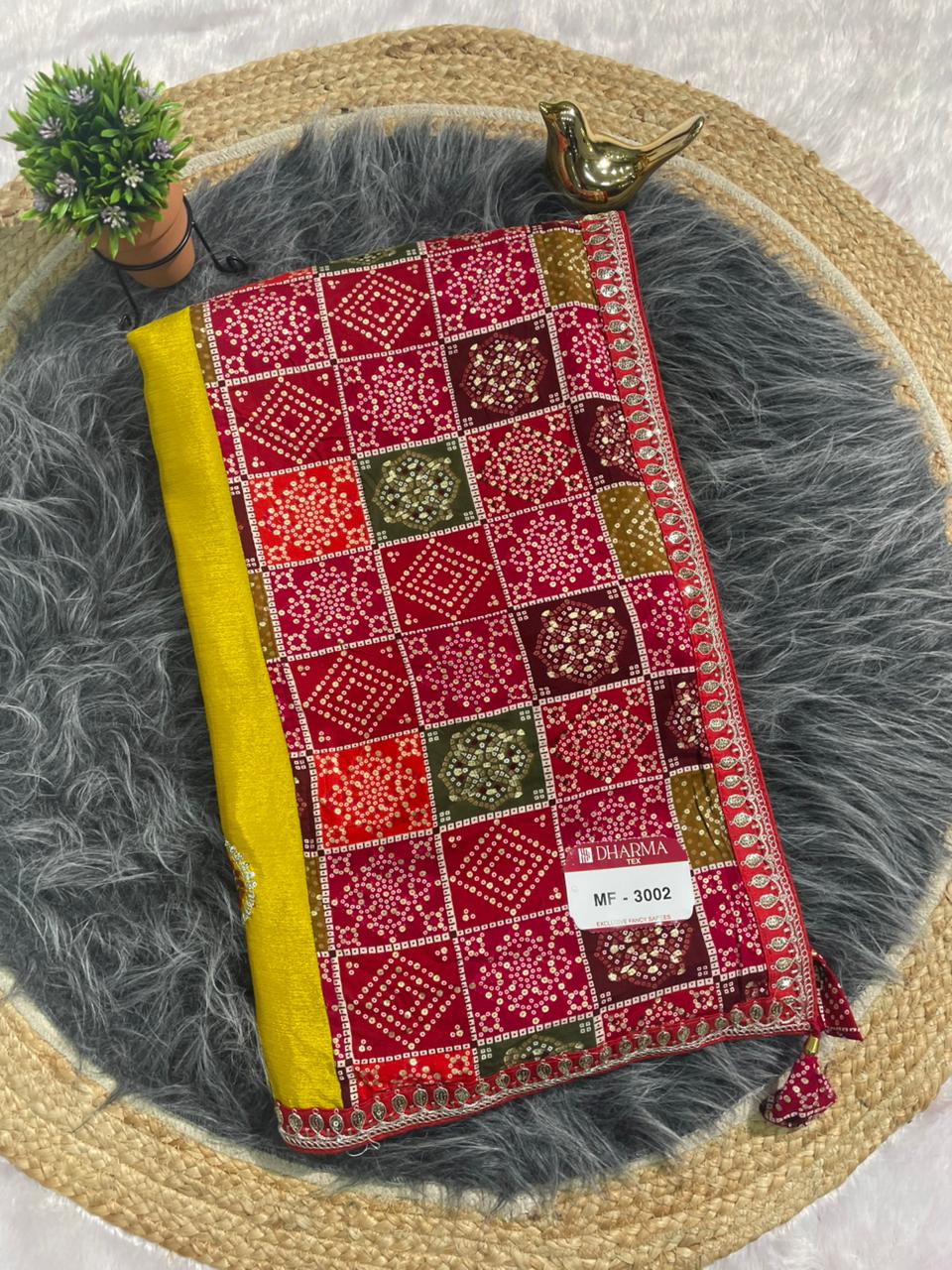 MF-3002 CHINON FABRIC SAREE WITH BEAUTIFUL BANDHANI TOUCH AND FOIL WORK WITH CODING AND SEQUENCE WORK WITH BANDHANI BLOUSE
