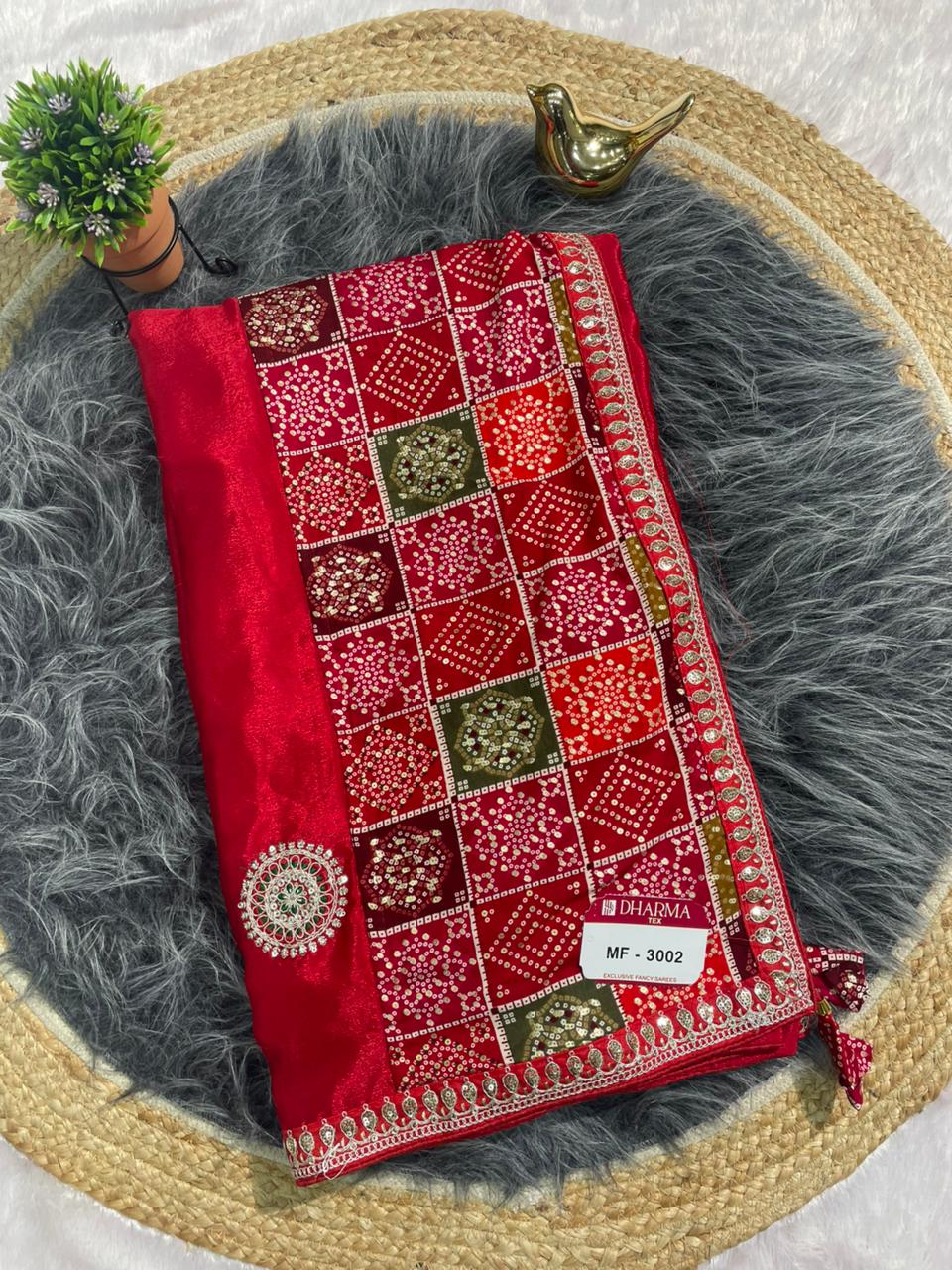 MF-3002 CHINON FABRIC SAREE WITH BEAUTIFUL BANDHANI TOUCH AND FOIL WORK WITH CODING AND SEQUENCE WORK WITH BANDHANI BLOUSE