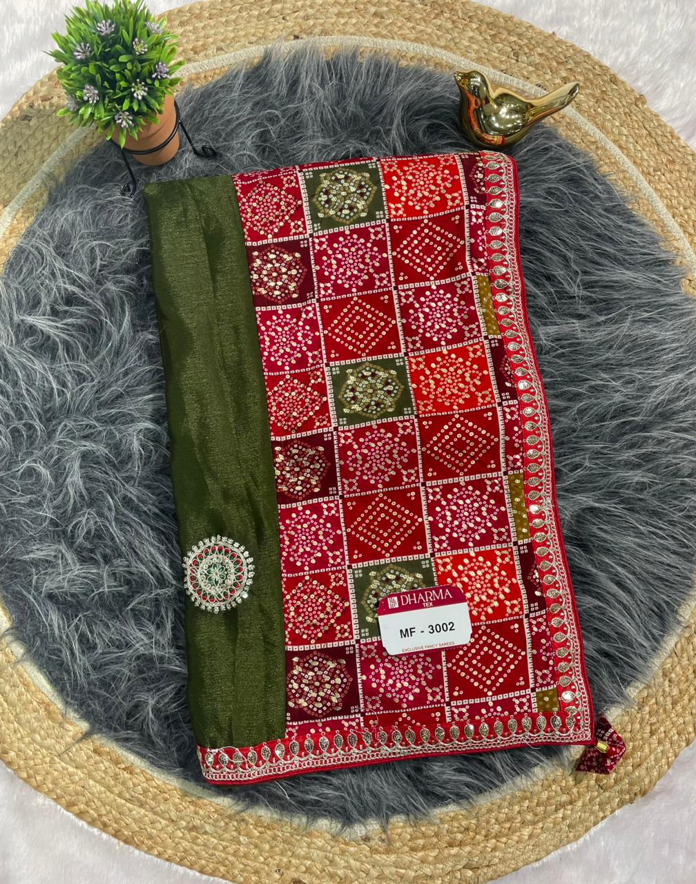 MF-3002 CHINON FABRIC SAREE WITH BEAUTIFUL BANDHANI TOUCH AND FOIL WORK WITH CODING AND SEQUENCE WORK WITH BANDHANI BLOUSE
