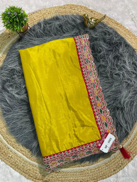 MF-3003 CHINON FABRIC SAREE WITH TRENDING SAREE AND EMBROIDERY WORK WITH THREAD AND CODING WORK  WITH BANDHANI BLOUSE WITH TASSELS