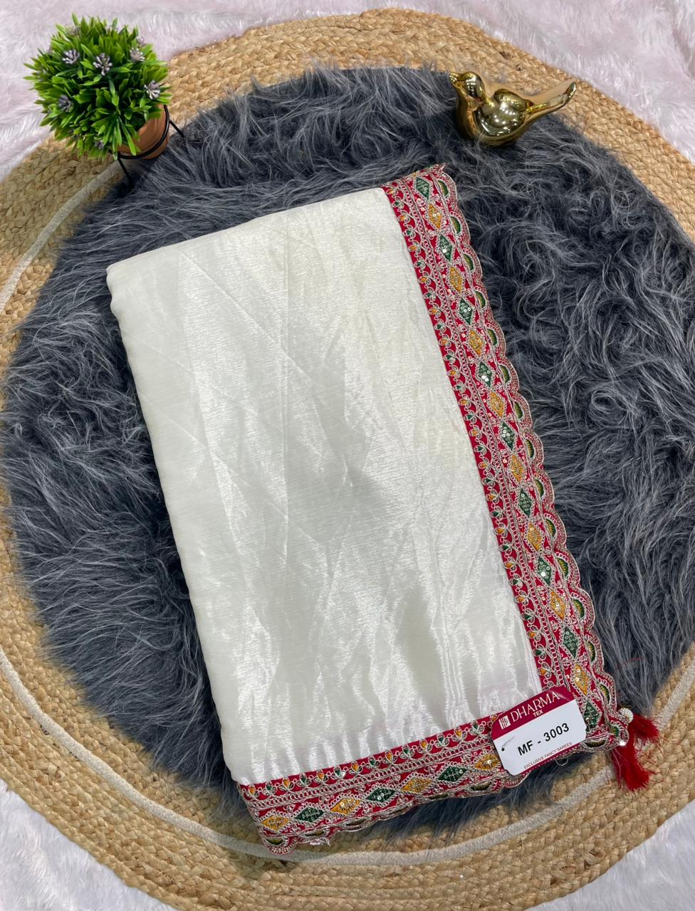 MF-3003 CHINON FABRIC SAREE WITH TRENDING SAREE AND EMBROIDERY WORK WITH THREAD AND CODING WORK  WITH BANDHANI BLOUSE WITH TASSELS