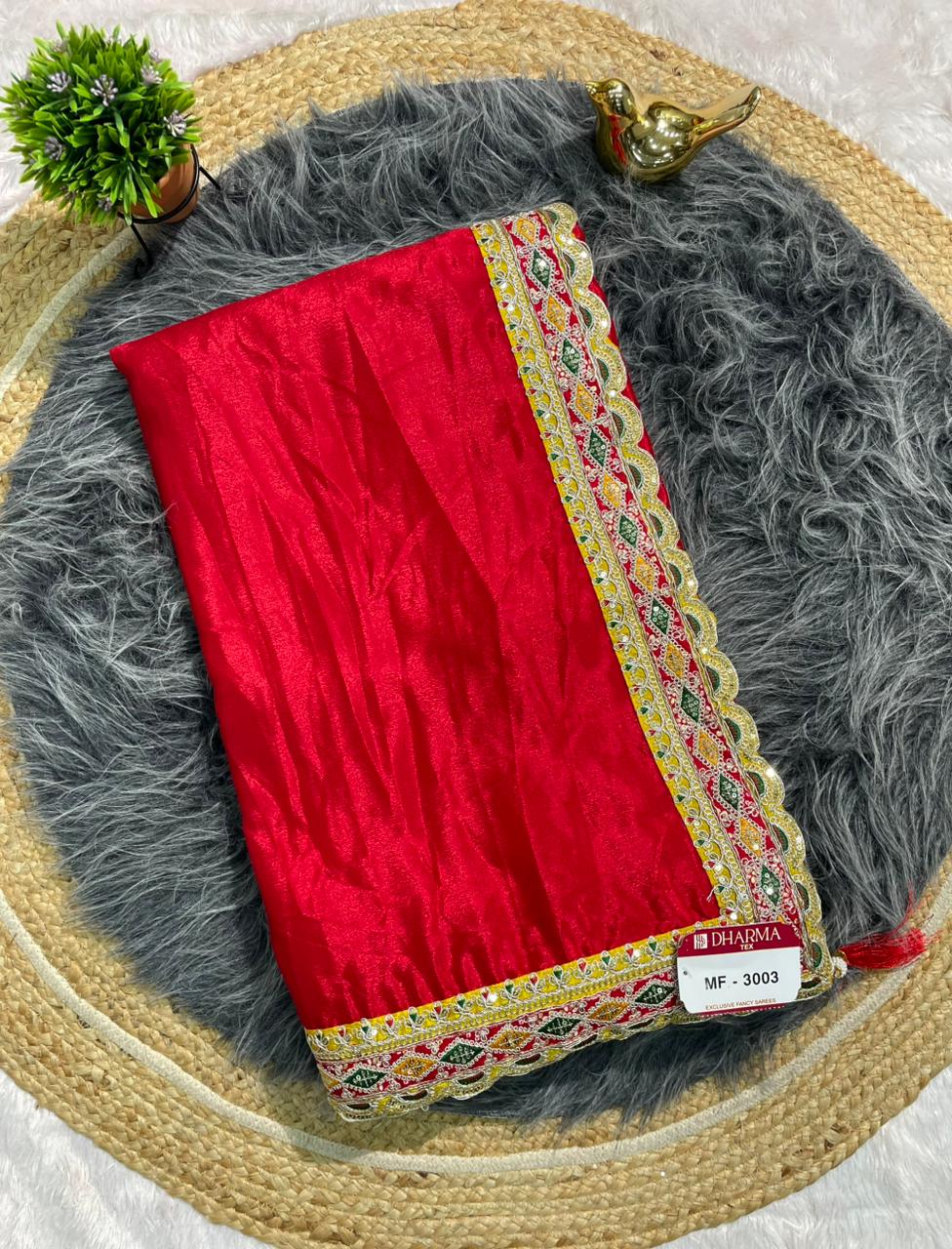 MF-3003 CHINON FABRIC SAREE WITH TRENDING SAREE AND EMBROIDERY WORK WITH THREAD AND CODING WORK  WITH BANDHANI BLOUSE WITH TASSELS