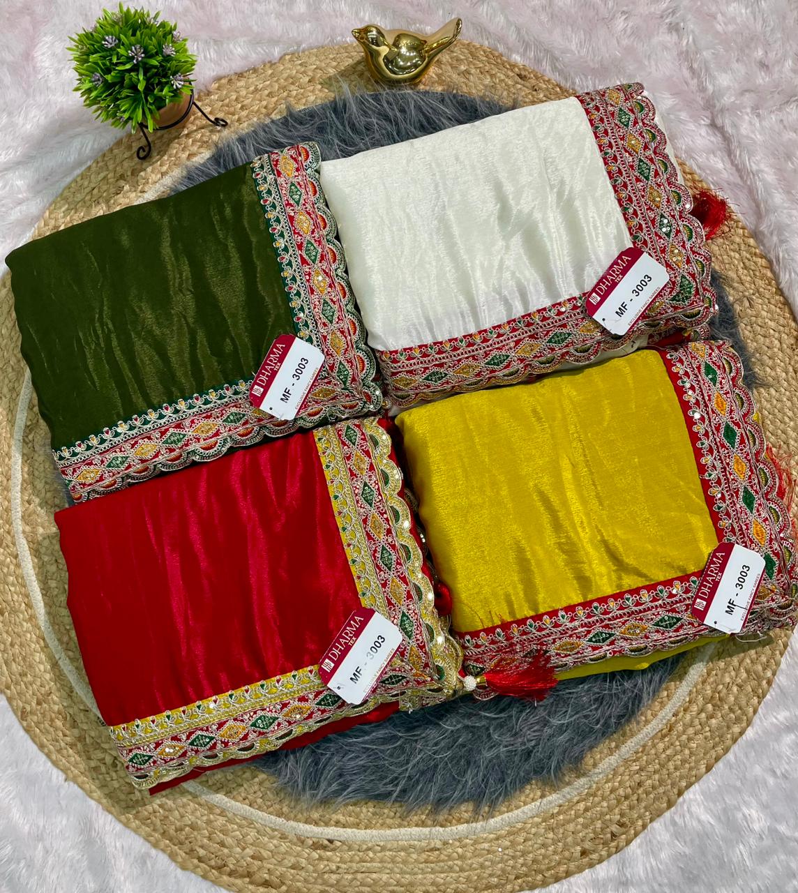 MF-3003 CHINON FABRIC SAREE WITH TRENDING SAREE AND EMBROIDERY WORK WITH THREAD AND CODING WORK  WITH BANDHANI BLOUSE WITH TASSELS