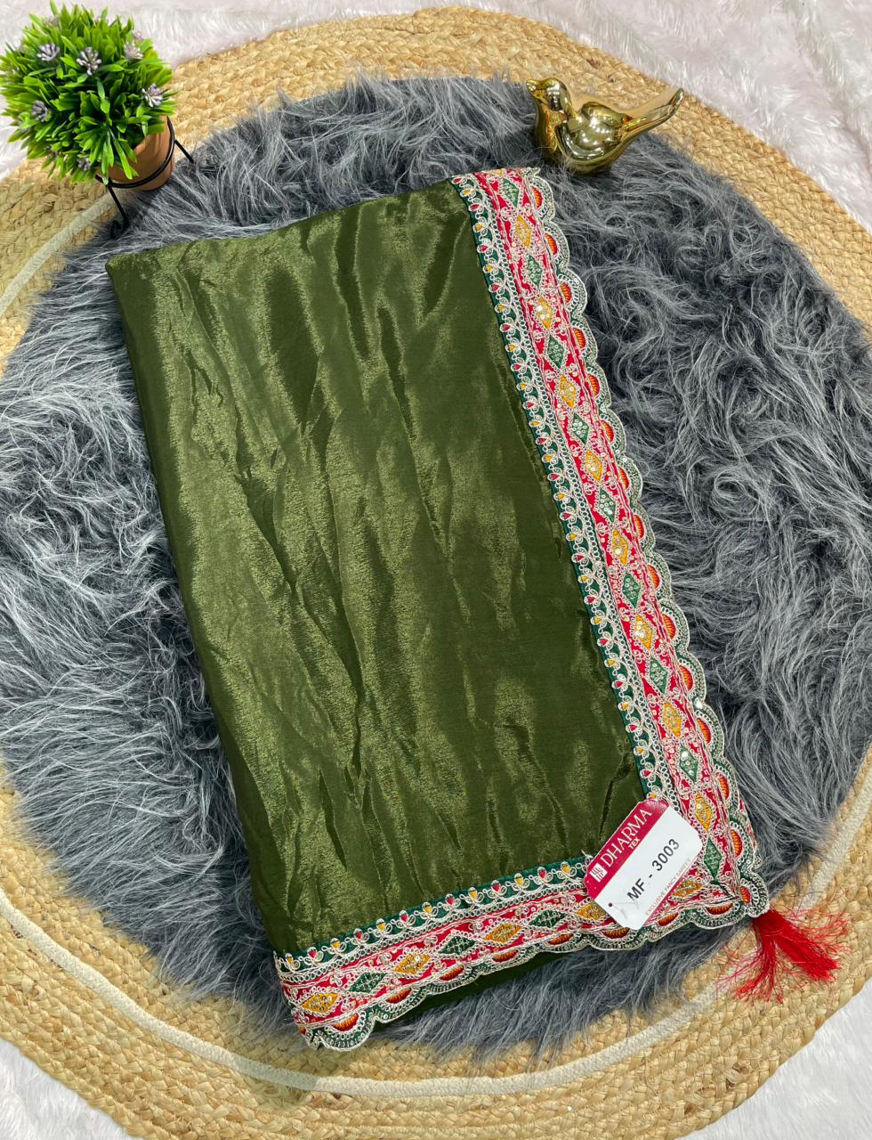 MF-3003 CHINON FABRIC SAREE WITH TRENDING SAREE AND EMBROIDERY WORK WITH THREAD AND CODING WORK  WITH BANDHANI BLOUSE WITH TASSELS