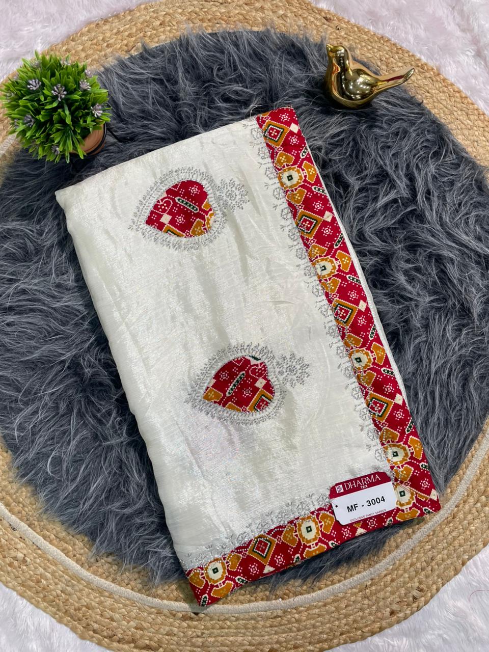 MF-3004 CHINON FABRIC SAREE WITH VIRAL SAREE WITH BANDHANI BORDER WITH JARKAN WORK WITH HANDWORK  WORK WITH BUTTA WORK ON BODY  WITH BANDHANI BLOUSE