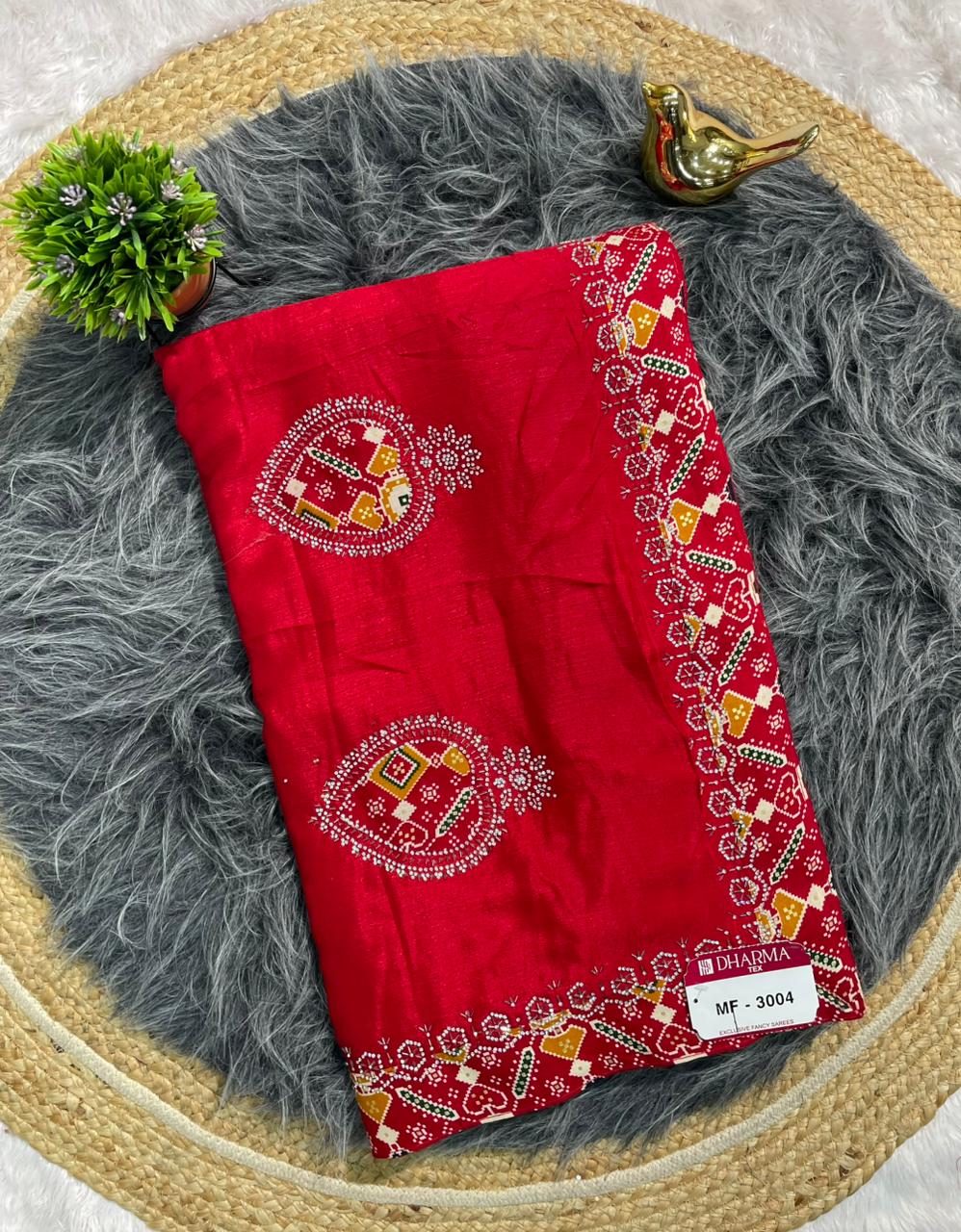 MF-3004 CHINON FABRIC SAREE WITH VIRAL SAREE WITH BANDHANI BORDER WITH JARKAN WORK WITH HANDWORK  WORK WITH BUTTA WORK ON BODY  WITH BANDHANI BLOUSE