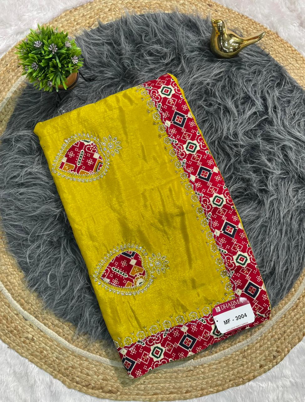 MF-3004 CHINON FABRIC SAREE WITH VIRAL SAREE WITH BANDHANI BORDER WITH JARKAN WORK WITH HANDWORK  WORK WITH BUTTA WORK ON BODY  WITH BANDHANI BLOUSE