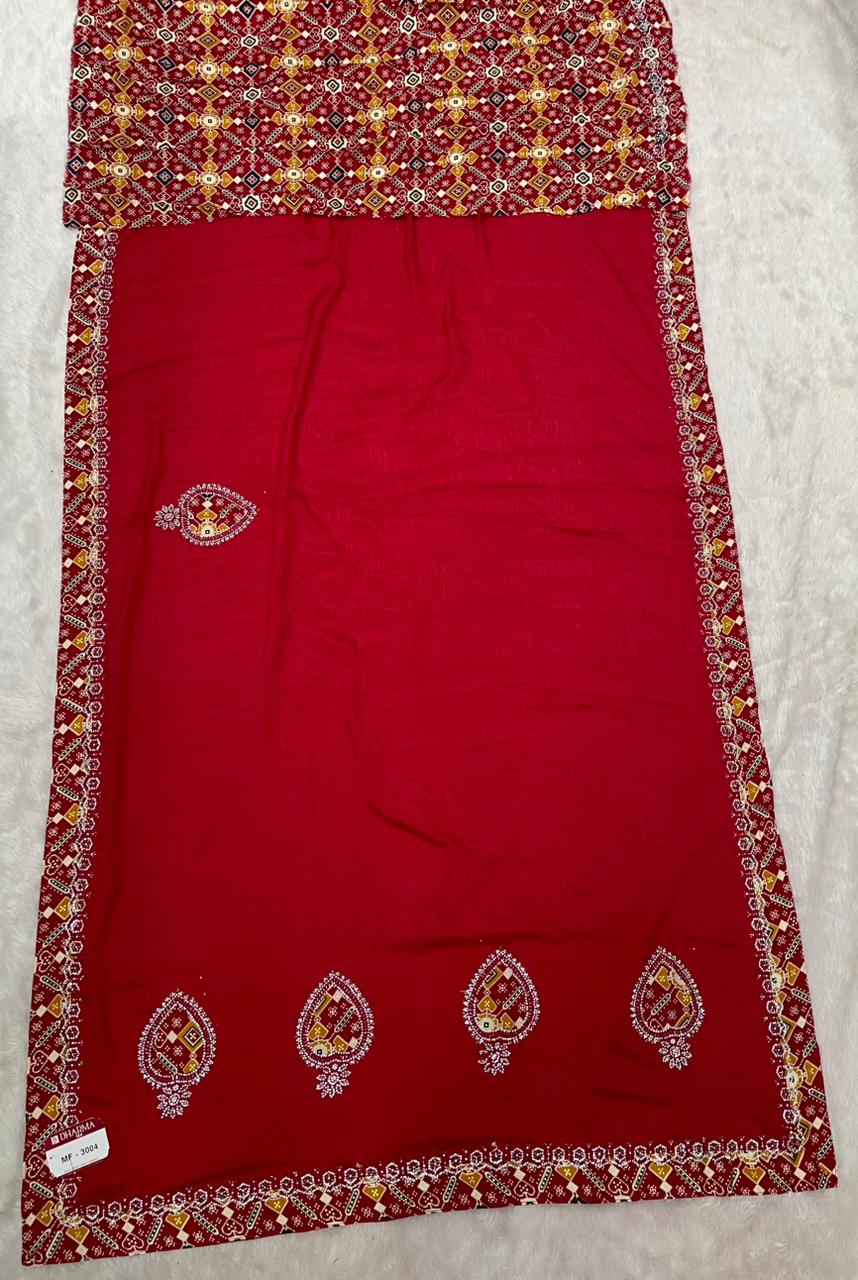 MF-3004 CHINON FABRIC SAREE WITH VIRAL SAREE WITH BANDHANI BORDER WITH JARKAN WORK WITH HANDWORK  WORK WITH BUTTA WORK ON BODY  WITH BANDHANI BLOUSE