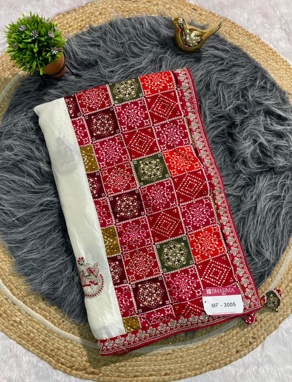 MF-3005 CHINON FABRIC SAREE WITH BEAUTIFUL BANDHANI TOUCH AND FOIL WORK WITH CODING AND GAJRAJ DESIGN BUTTA  WITH BANDHANI BLOUSE WITH TASSELS