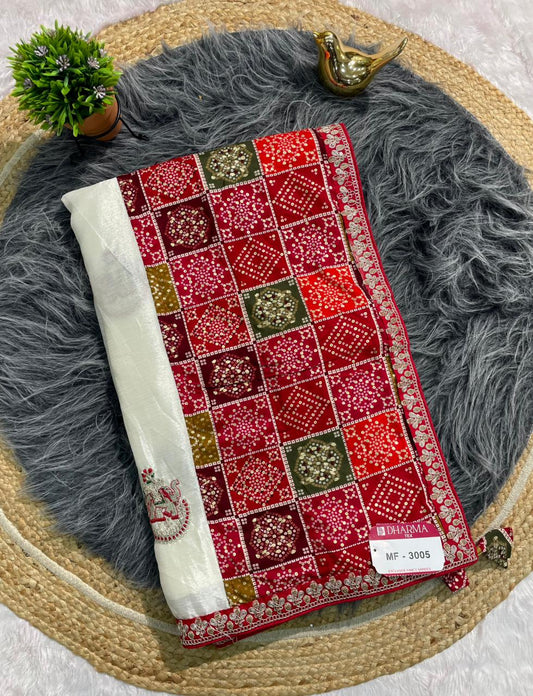 MF-3005 CHINON FABRIC SAREE WITH BEAUTIFUL BANDHANI TOUCH AND FOIL WORK WITH CODING AND GAJRAJ DESIGN BUTTA  WITH BANDHANI BLOUSE WITH TASSELS