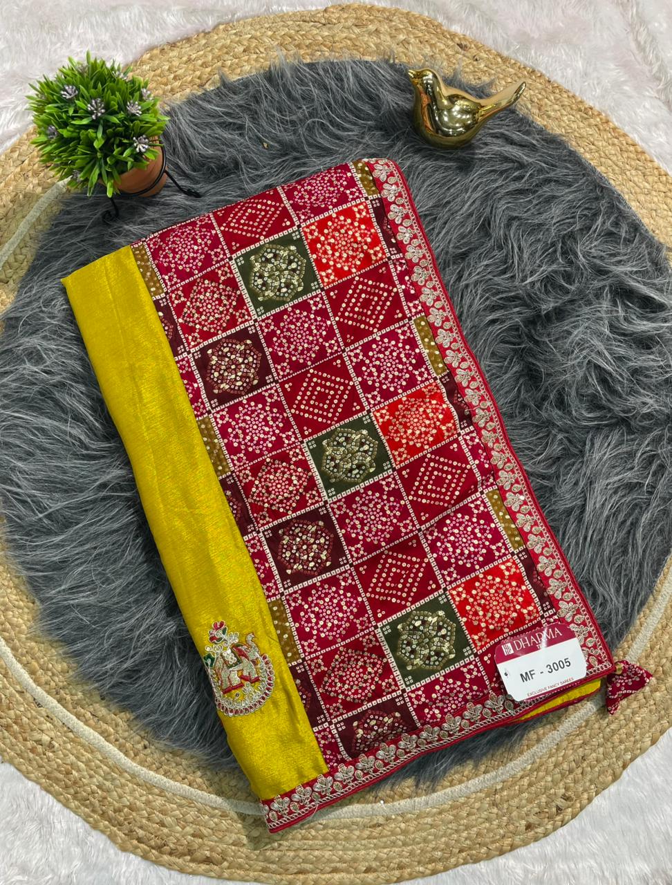 MF-3005 CHINON FABRIC SAREE WITH BEAUTIFUL BANDHANI TOUCH AND FOIL WORK WITH CODING AND GAJRAJ DESIGN BUTTA  WITH BANDHANI BLOUSE WITH TASSELS
