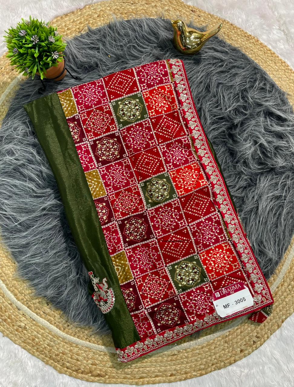 MF-3005 CHINON FABRIC SAREE WITH BEAUTIFUL BANDHANI TOUCH AND FOIL WORK WITH CODING AND GAJRAJ DESIGN BUTTA  WITH BANDHANI BLOUSE WITH TASSELS