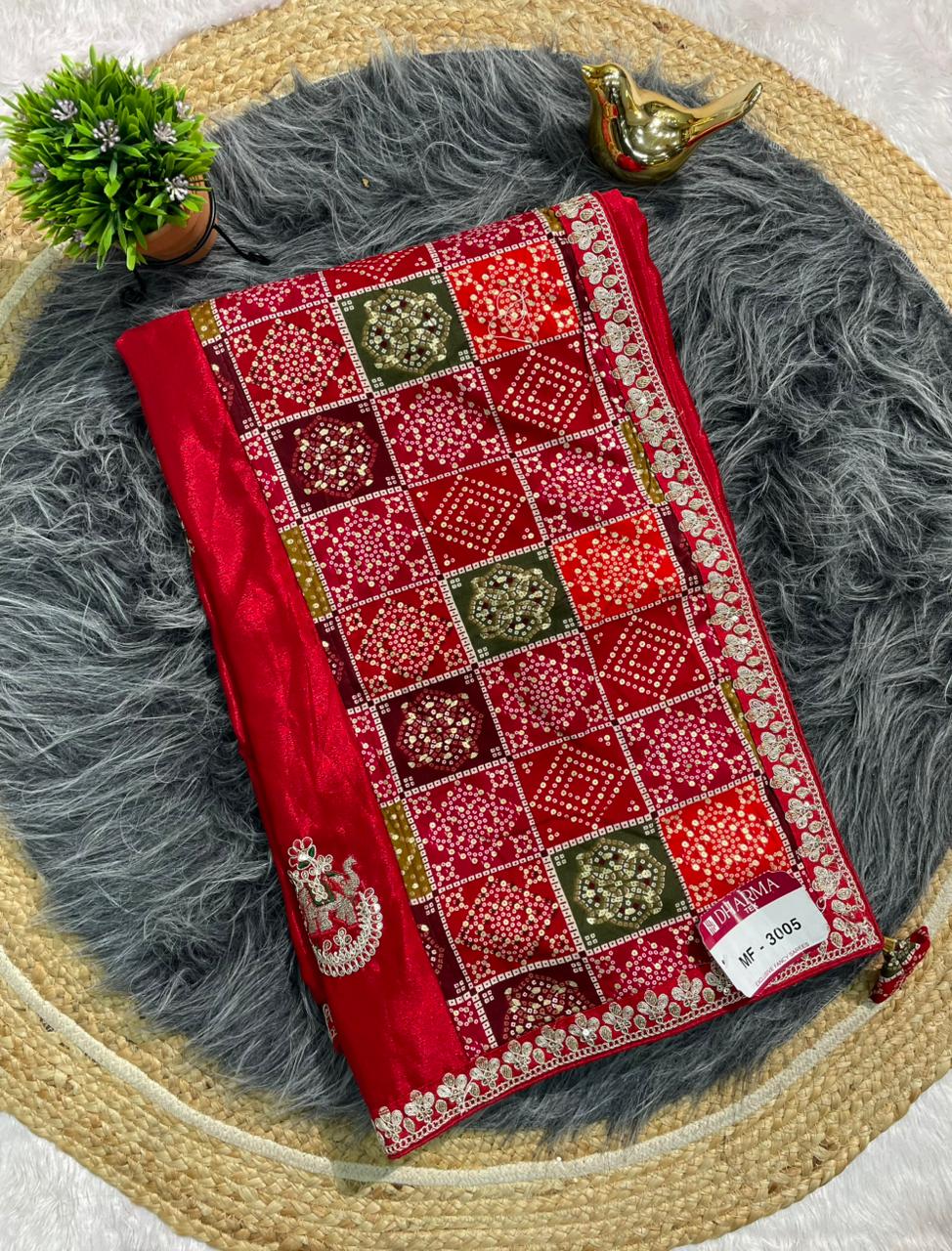 MF-3005 CHINON FABRIC SAREE WITH BEAUTIFUL BANDHANI TOUCH AND FOIL WORK WITH CODING AND GAJRAJ DESIGN BUTTA  WITH BANDHANI BLOUSE WITH TASSELS