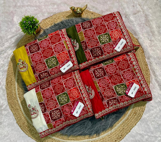 MF-3005 CHINON FABRIC SAREE WITH BEAUTIFUL BANDHANI TOUCH AND FOIL WORK WITH CODING AND GAJRAJ DESIGN BUTTA  WITH BANDHANI BLOUSE WITH TASSELS