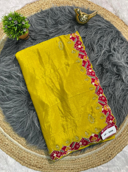 MF-3006 CHINON FABRIC SAREE WITH VIRAL SAREE WITH BANDHANI BORDER WITH JARKAN WORK WITH HANDWORK  WORK WITH BUTTA WORK ON BODY  WITH BANDHANI BLOUSE