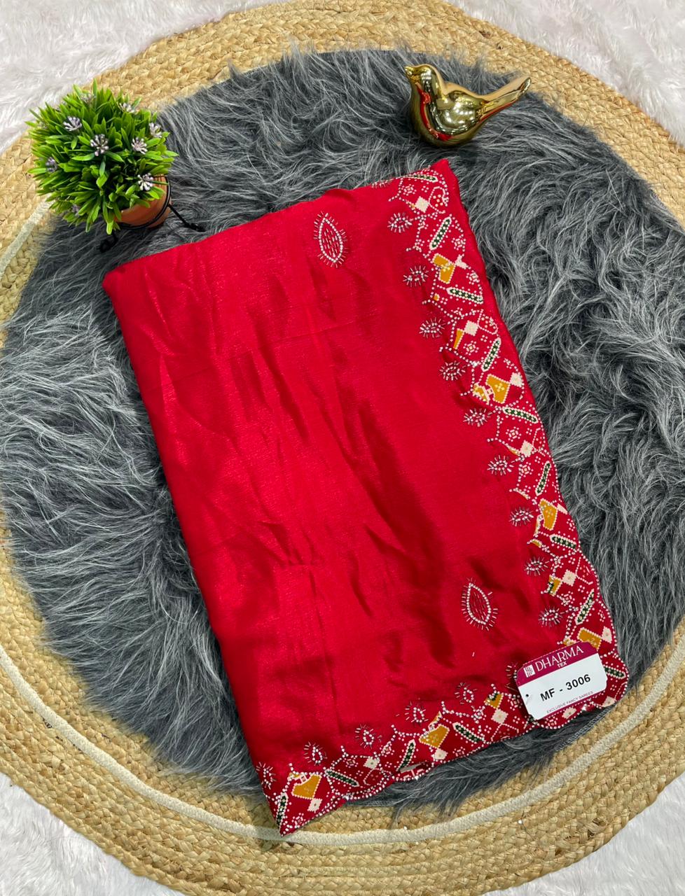 MF-3006 CHINON FABRIC SAREE WITH VIRAL SAREE WITH BANDHANI BORDER WITH JARKAN WORK WITH HANDWORK  WORK WITH BUTTA WORK ON BODY  WITH BANDHANI BLOUSE