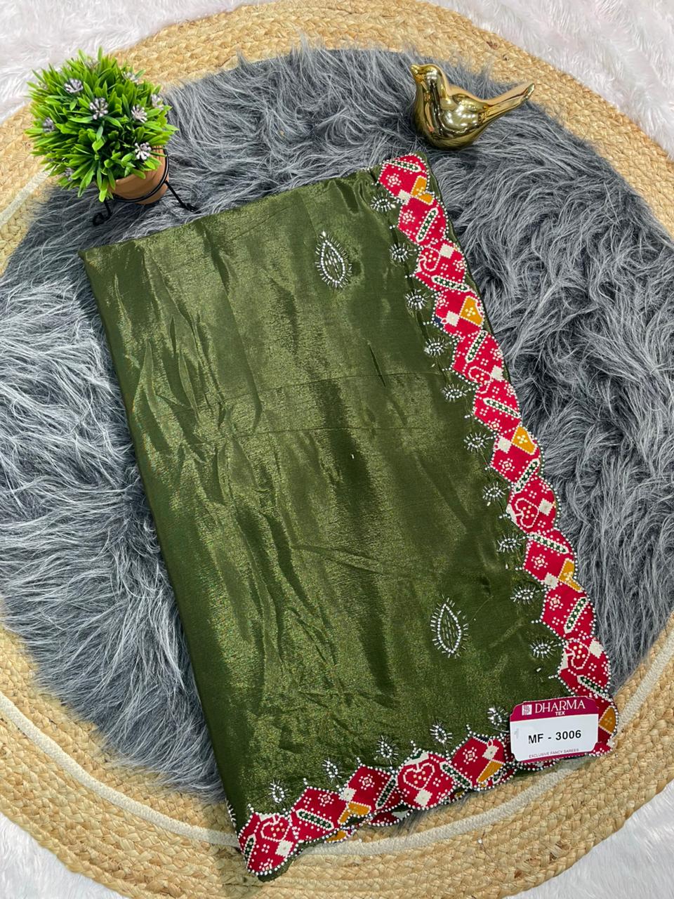 MF-3006 CHINON FABRIC SAREE WITH VIRAL SAREE WITH BANDHANI BORDER WITH JARKAN WORK WITH HANDWORK  WORK WITH BUTTA WORK ON BODY  WITH BANDHANI BLOUSE