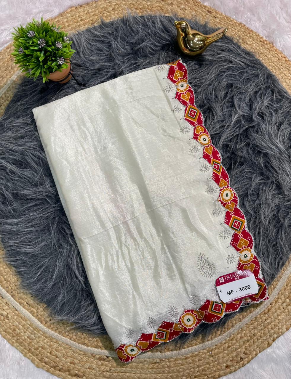 MF-3006 CHINON FABRIC SAREE WITH VIRAL SAREE WITH BANDHANI BORDER WITH JARKAN WORK WITH HANDWORK  WORK WITH BUTTA WORK ON BODY  WITH BANDHANI BLOUSE