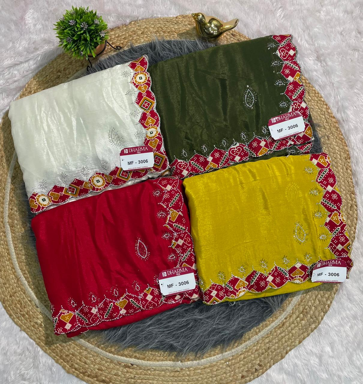MF-3006 CHINON FABRIC SAREE WITH VIRAL SAREE WITH BANDHANI BORDER WITH JARKAN WORK WITH HANDWORK  WORK WITH BUTTA WORK ON BODY  WITH BANDHANI BLOUSE