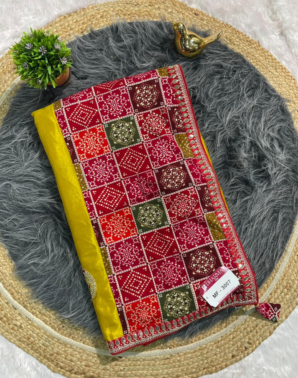 MF-3007 CHINON FABRIC SAREE WITH BEAUTIFUL BANDHANI TOUCH AND FOIL WORK WITH CODING AND SEQUENCE WORK WITH BANDHANI BLOUSE