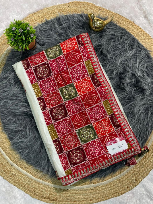 MF-3007 CHINON FABRIC SAREE WITH BEAUTIFUL BANDHANI TOUCH AND FOIL WORK WITH CODING AND SEQUENCE WORK WITH BANDHANI BLOUSE