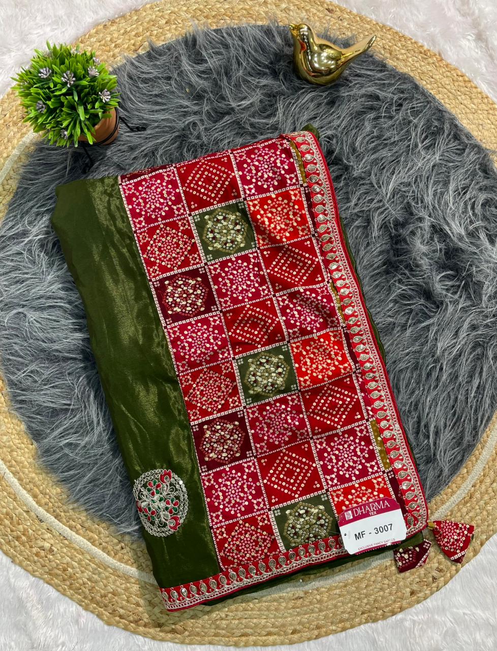 MF-3007 CHINON FABRIC SAREE WITH BEAUTIFUL BANDHANI TOUCH AND FOIL WORK WITH CODING AND SEQUENCE WORK WITH BANDHANI BLOUSE