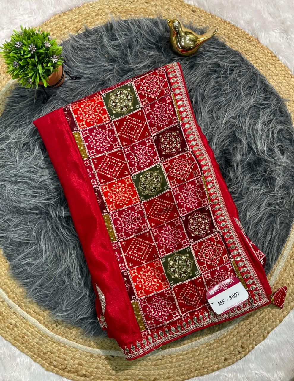 MF-3007 CHINON FABRIC SAREE WITH BEAUTIFUL BANDHANI TOUCH AND FOIL WORK WITH CODING AND SEQUENCE WORK WITH BANDHANI BLOUSE