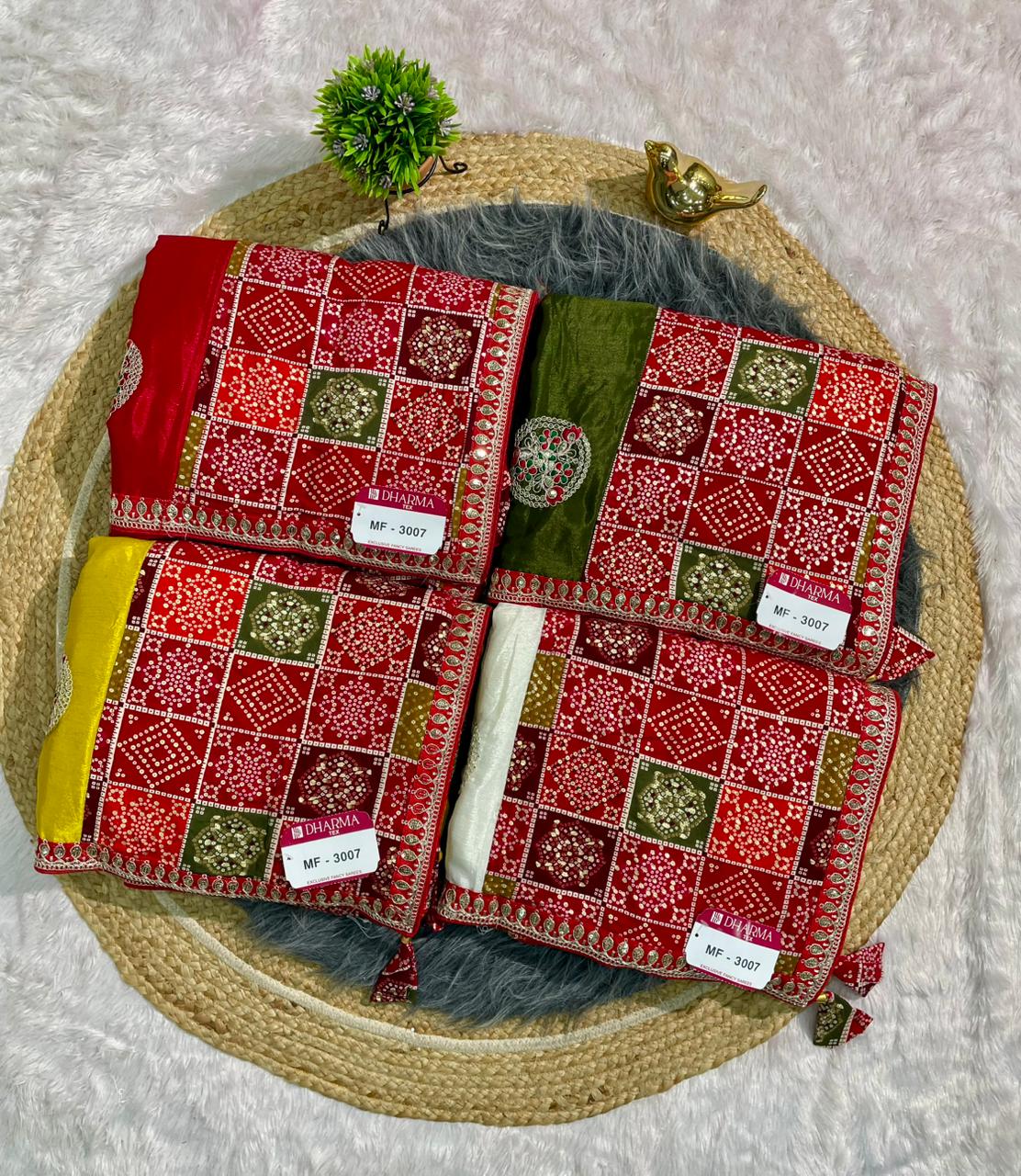 MF-3007 CHINON FABRIC SAREE WITH BEAUTIFUL BANDHANI TOUCH AND FOIL WORK WITH CODING AND SEQUENCE WORK WITH BANDHANI BLOUSE
