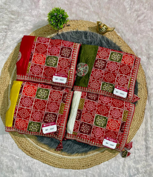 MF-3007 CHINON FABRIC SAREE WITH BEAUTIFUL BANDHANI TOUCH AND FOIL WORK WITH CODING AND SEQUENCE WORK WITH BANDHANI BLOUSE