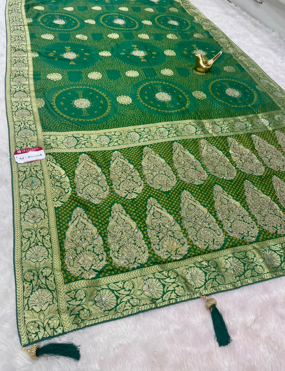 AJ-SWARA  HEAVY GEORGETTE FABRIC SAREE WITH BEAUTIFUL BANDHANI DESIGN WITH HEAVY JARKAN WORK AND REAL MIRROR WORK WITH RICH PALLU DESIGN WITH BUTTI BLOUSE AND LATKAN AND PIPING