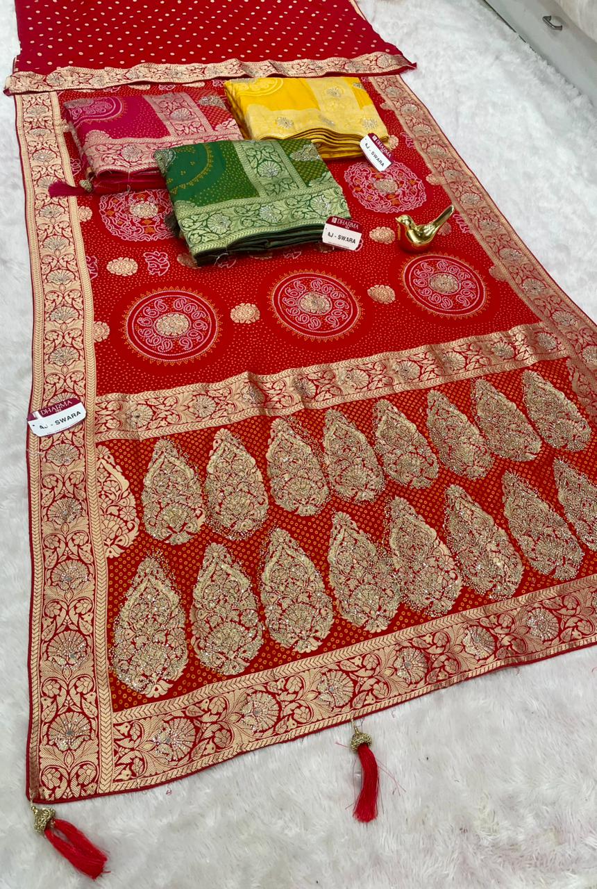 AJ-SWARA  HEAVY GEORGETTE FABRIC SAREE WITH BEAUTIFUL BANDHANI DESIGN WITH HEAVY JARKAN WORK AND REAL MIRROR WORK WITH RICH PALLU DESIGN WITH BUTTI BLOUSE AND LATKAN AND PIPING