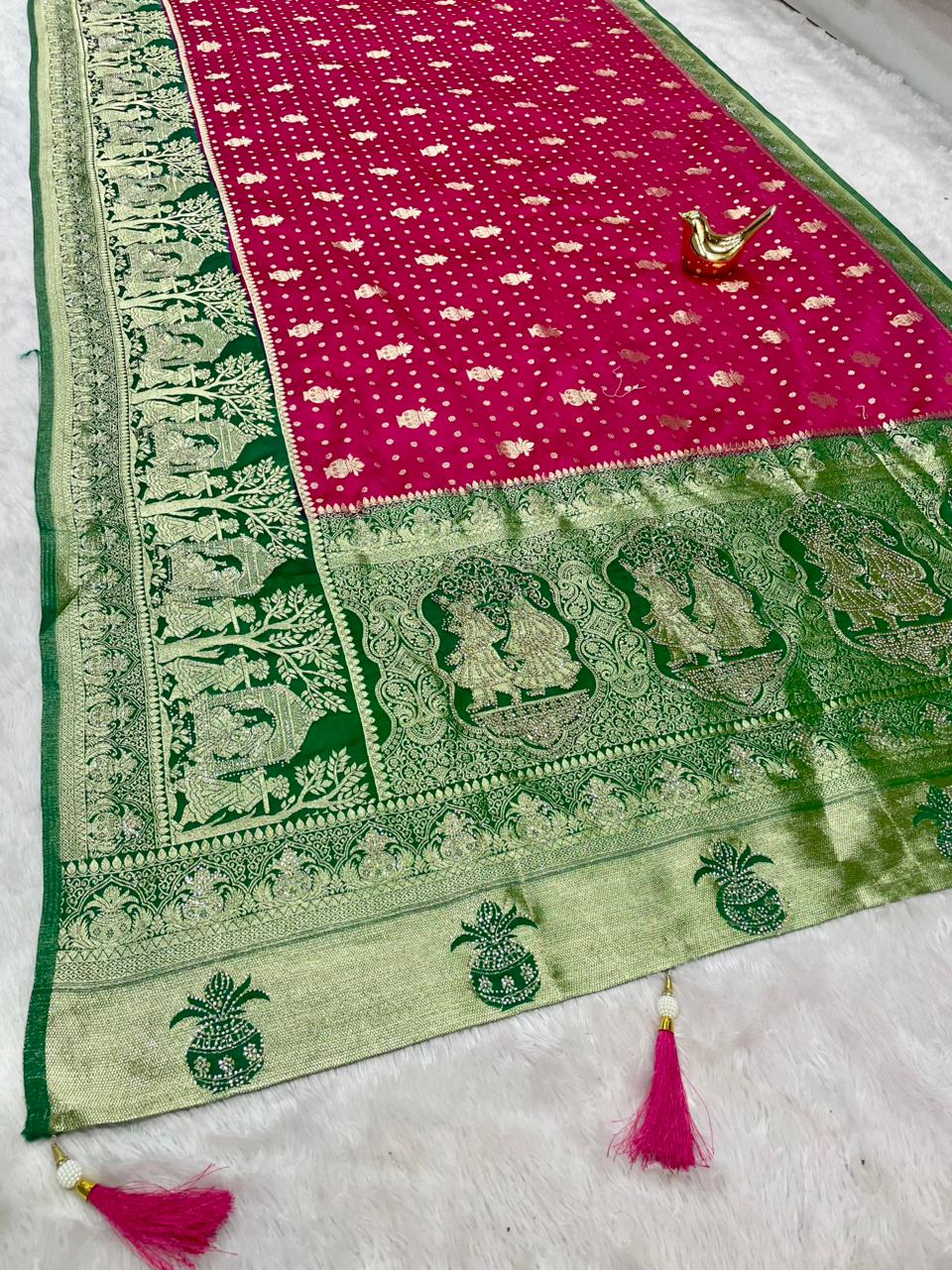 AJ-LEKHA SATIN SILK FABRIC SAREE WITH HEAVY JARKAN WORK WITH CHAP DYING WITH BEAUTIFUL JODA DESIGN WITH LAGNI PATTA WITH BEAUTIFUL DAMAN DESIGN AND VIRAL DESIGN WITH TASSELS