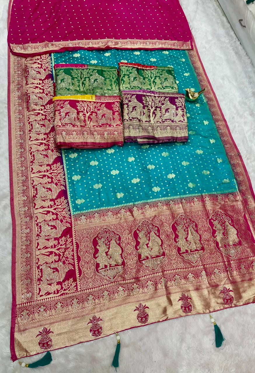 AJ-LEKHA SATIN SILK FABRIC SAREE WITH HEAVY JARKAN WORK WITH CHAP DYING WITH BEAUTIFUL JODA DESIGN WITH LAGNI PATTA WITH BEAUTIFUL DAMAN DESIGN AND VIRAL DESIGN WITH TASSELS
