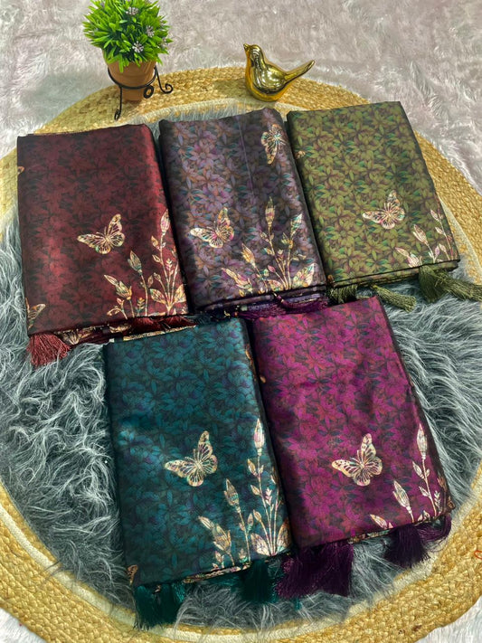 AJ-MITALI SOFT SILK FABRIC SAREE WITH BEAUTIFUL BUTTERFLY DESIGN WITH PREMIUM ZARI WORK WITH TRENDING SAREE WITH BROCADE BLOUSE