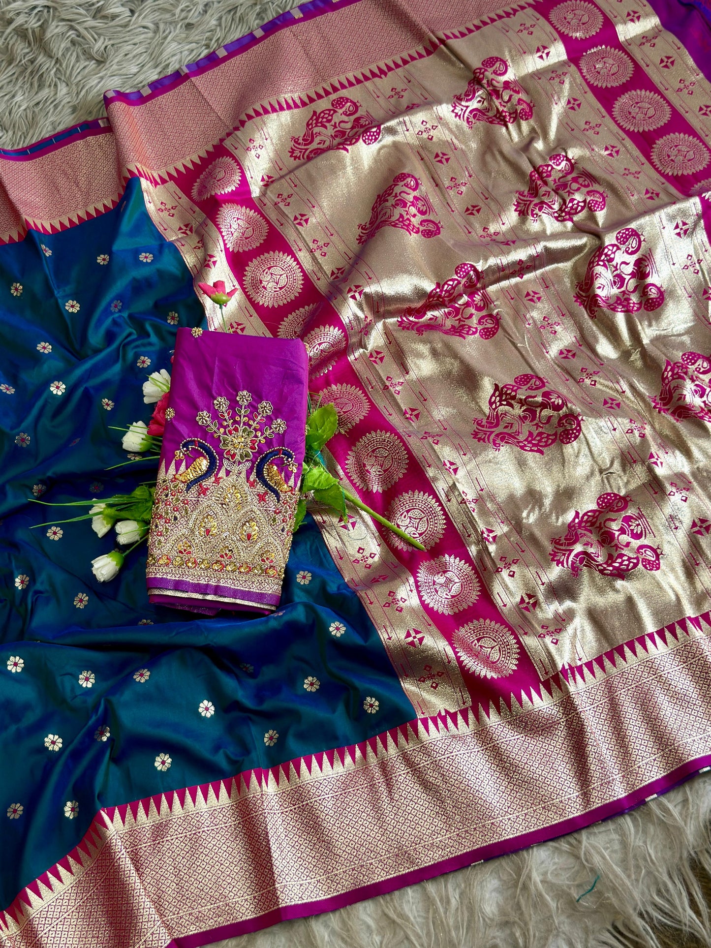 SA-7097 SOFT SILK FABRIC SAREE WITH RICH LOOK DESIGN WITH BEAUTIFUL PEACOCK DESIGN WITH GOLDEN ZARI WORK ON SAREE WITH HEAVY HANDWORK BLOUSE