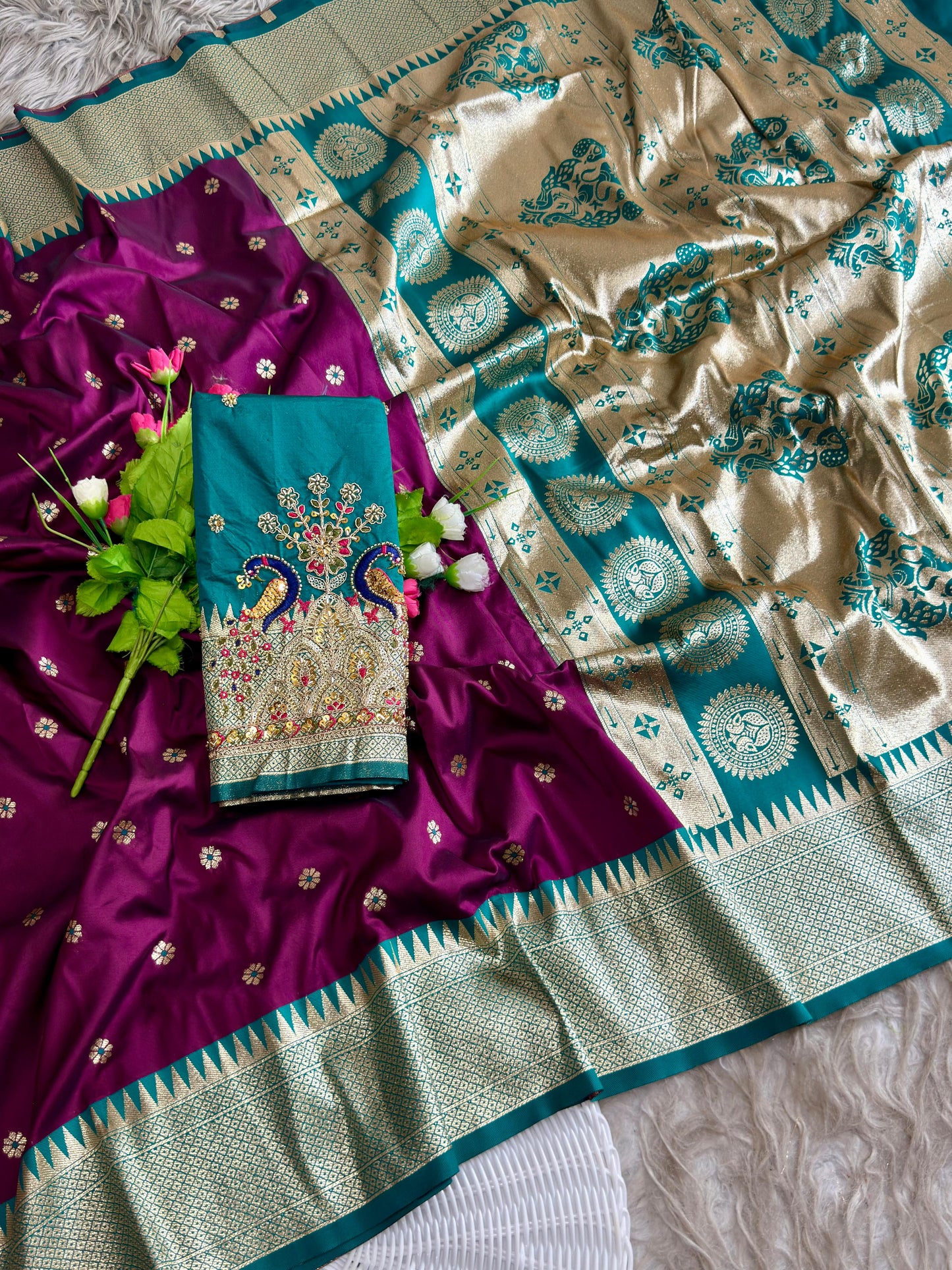 SA-7097 SOFT SILK FABRIC SAREE WITH RICH LOOK DESIGN WITH BEAUTIFUL PEACOCK DESIGN WITH GOLDEN ZARI WORK ON SAREE WITH HEAVY HANDWORK BLOUSE