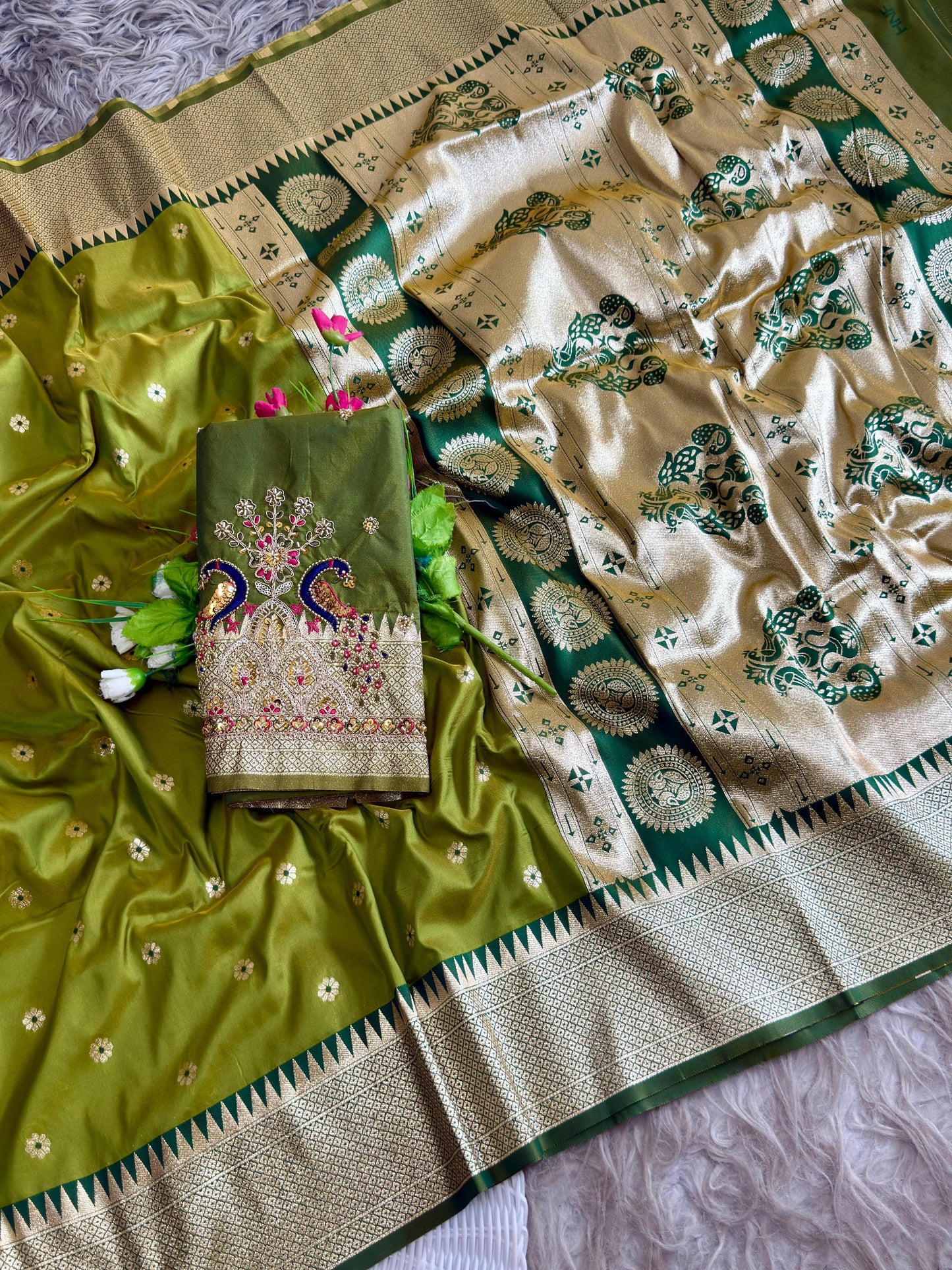 SA-7097 SOFT SILK FABRIC SAREE WITH RICH LOOK DESIGN WITH BEAUTIFUL PEACOCK DESIGN WITH GOLDEN ZARI WORK ON SAREE WITH HEAVY HANDWORK BLOUSE