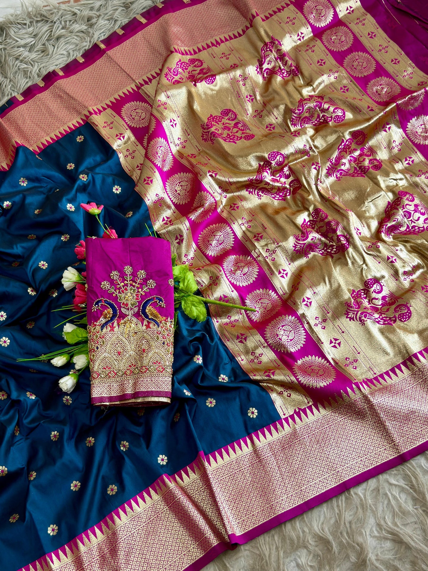 SA-7097 SOFT SILK FABRIC SAREE WITH RICH LOOK DESIGN WITH BEAUTIFUL PEACOCK DESIGN WITH GOLDEN ZARI WORK ON SAREE WITH HEAVY HANDWORK BLOUSE