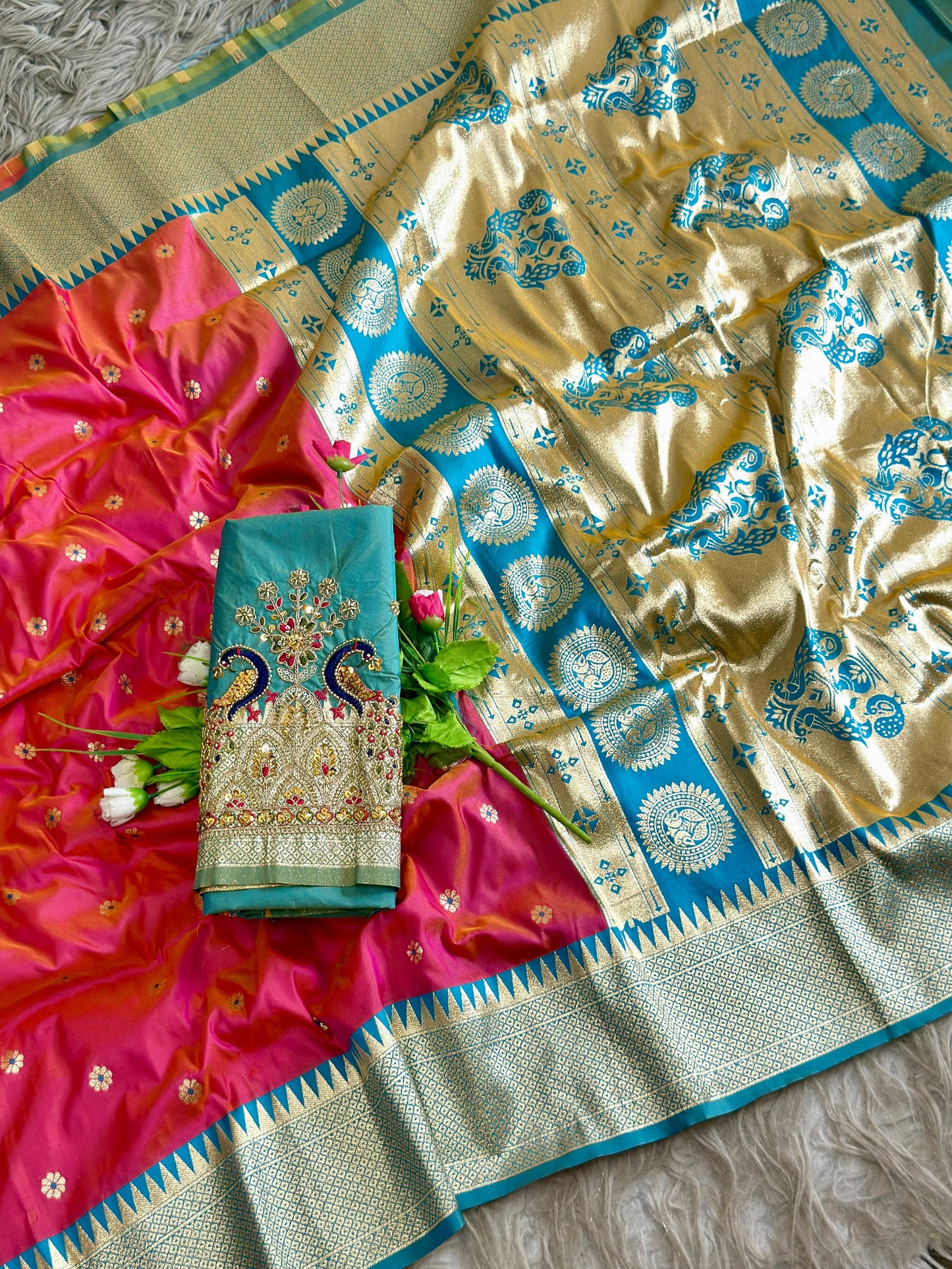 SA-7097 SOFT SILK FABRIC SAREE WITH RICH LOOK DESIGN WITH BEAUTIFUL PEACOCK DESIGN WITH GOLDEN ZARI WORK ON SAREE WITH HEAVY HANDWORK BLOUSE