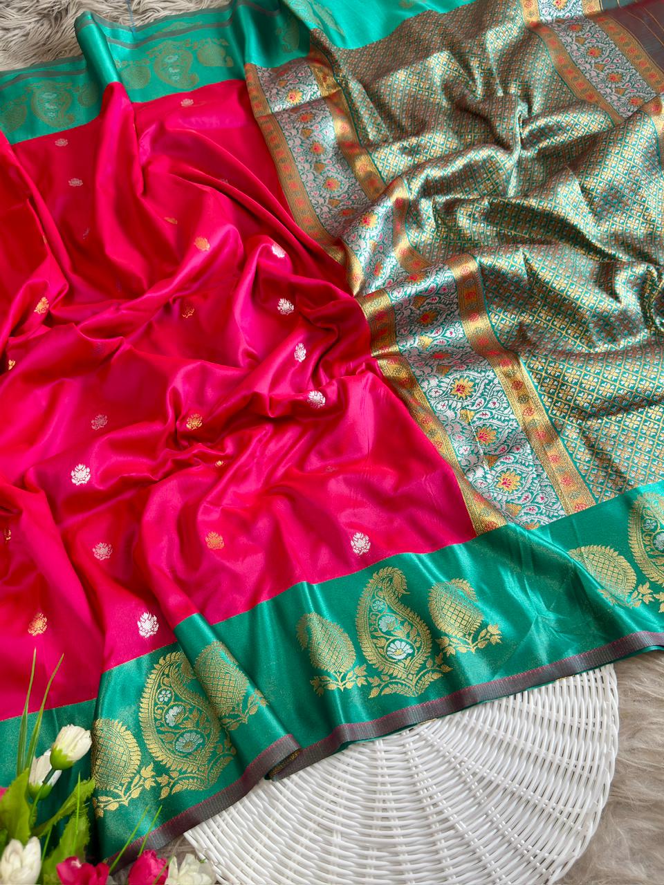 SA-7090 SOFT SILK FABRIC SAREE WITH BEAUTIFUL HEAVY DESIGN ON PALLU WITH SATIN BORDER WITH BLOUSE