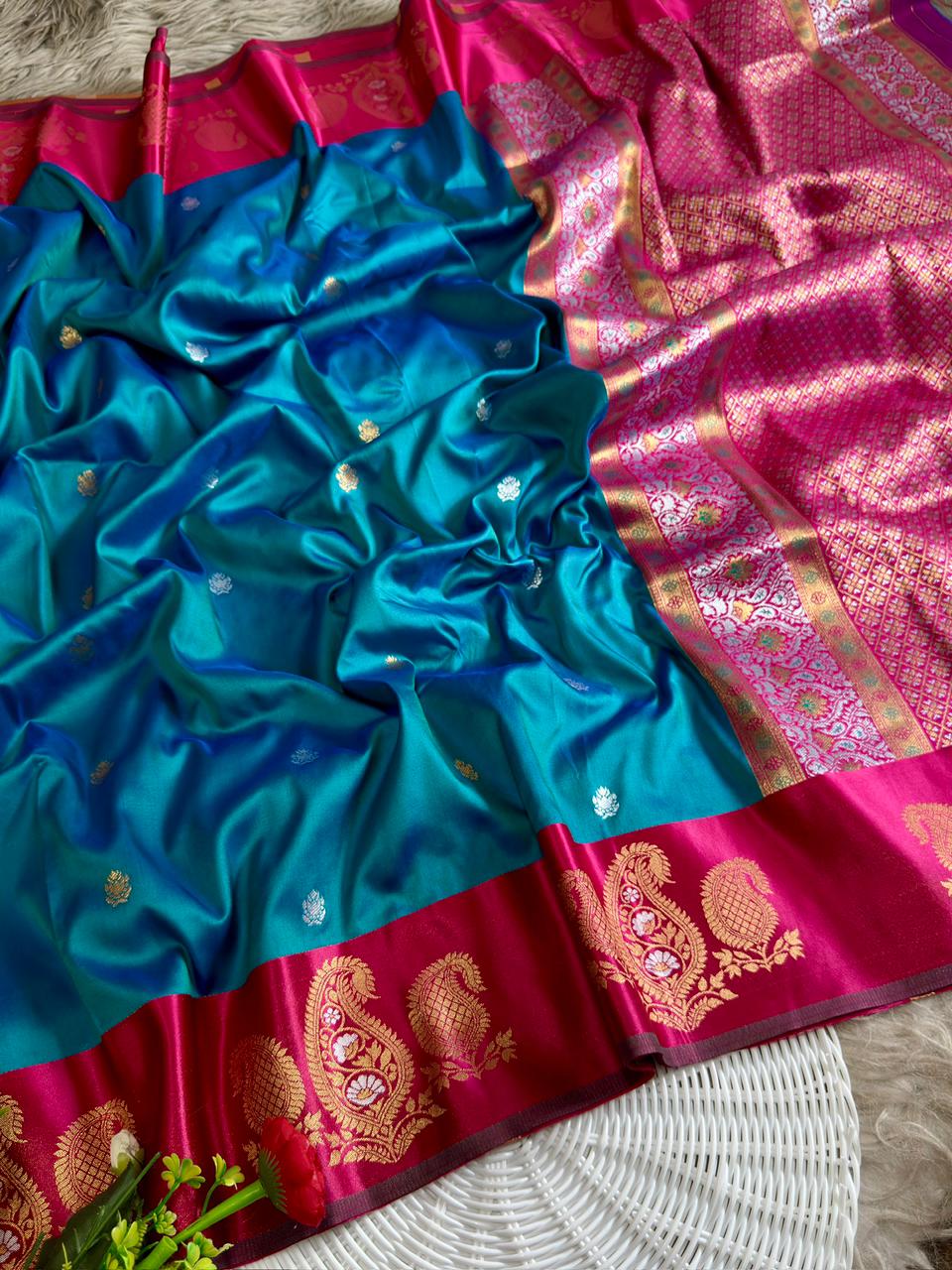 SA-7090 SOFT SILK FABRIC SAREE WITH BEAUTIFUL HEAVY DESIGN ON PALLU WITH SATIN BORDER WITH BLOUSE