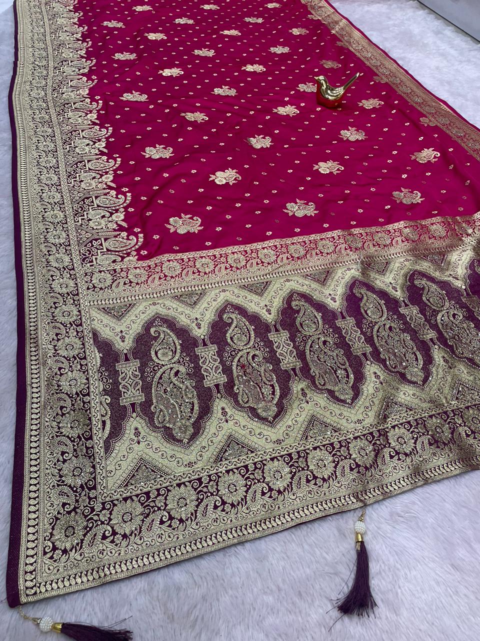 BS-SUZUKI SATIN SILK FABRIC SAREE WITH RICH PALLU DESIGN WITH JARKAN WORK WITH BEAUTIFUL PALLU ON DESIGN WITH CONTRAST BLOUSE