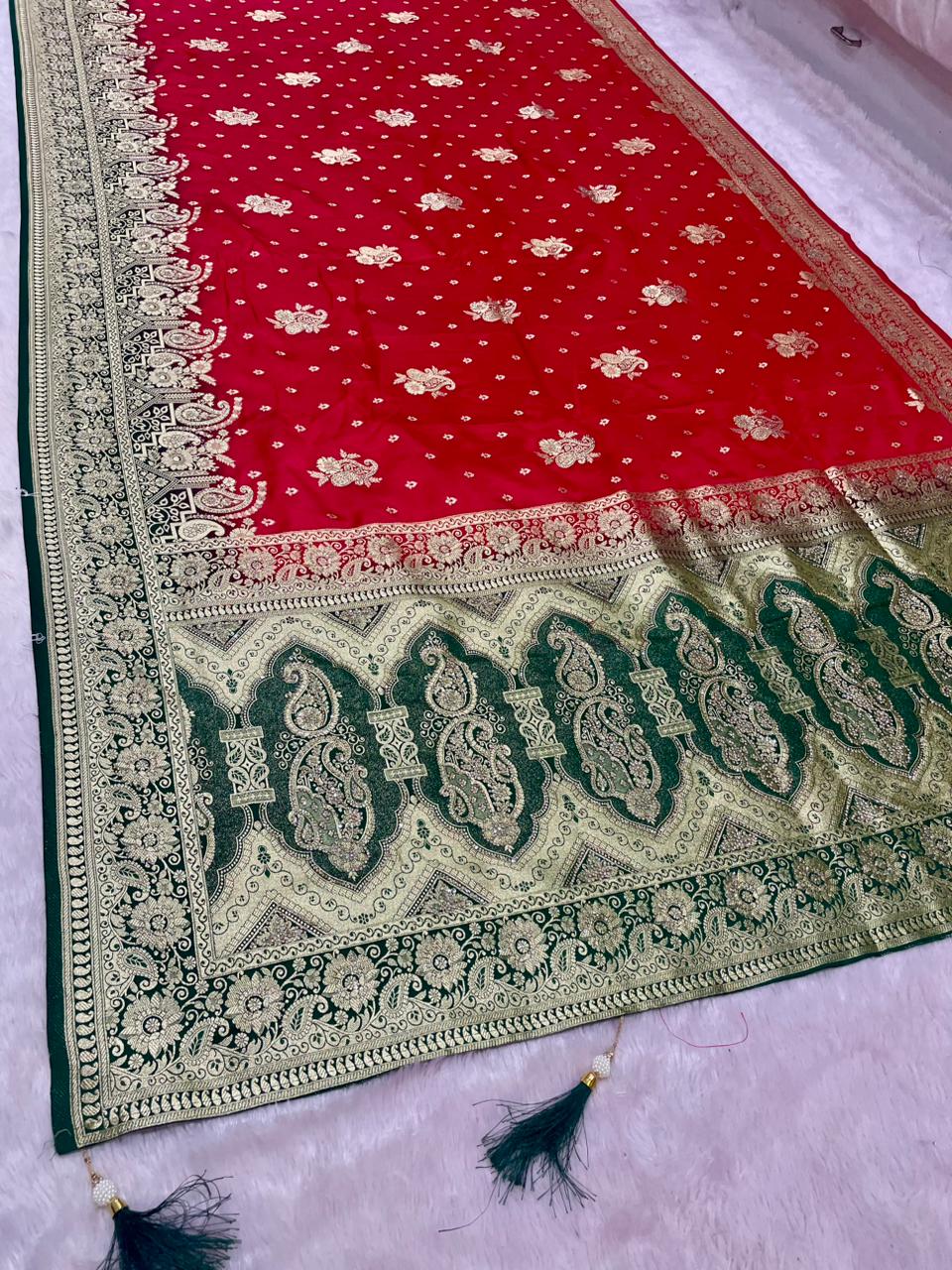 BS-SUZUKI SATIN SILK FABRIC SAREE WITH RICH PALLU DESIGN WITH JARKAN WORK WITH BEAUTIFUL PALLU ON DESIGN WITH CONTRAST BLOUSE