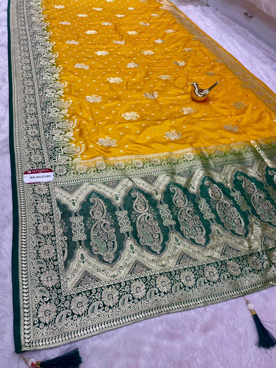 BS-SUZUKI SATIN SILK FABRIC SAREE WITH RICH PALLU DESIGN WITH JARKAN WORK WITH BEAUTIFUL PALLU ON DESIGN WITH CONTRAST BLOUSE