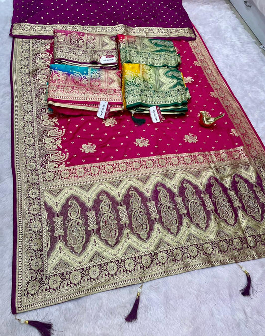BS-SUZUKI SATIN SILK FABRIC SAREE WITH RICH PALLU DESIGN WITH JARKAN WORK WITH BEAUTIFUL PALLU ON DESIGN WITH CONTRAST BLOUSE