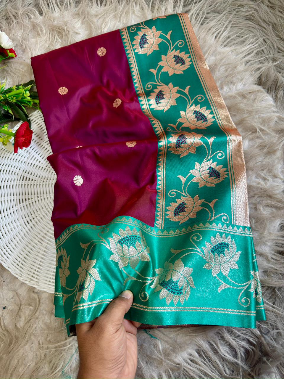 SA-7091 SOFTS SILK FABRIC SAREE  WITH BEAUTFUL PAITNAI DESIGN WITH BEAUTIFL PAITHANI DESIGN ON PALLU WITH BLOUSE