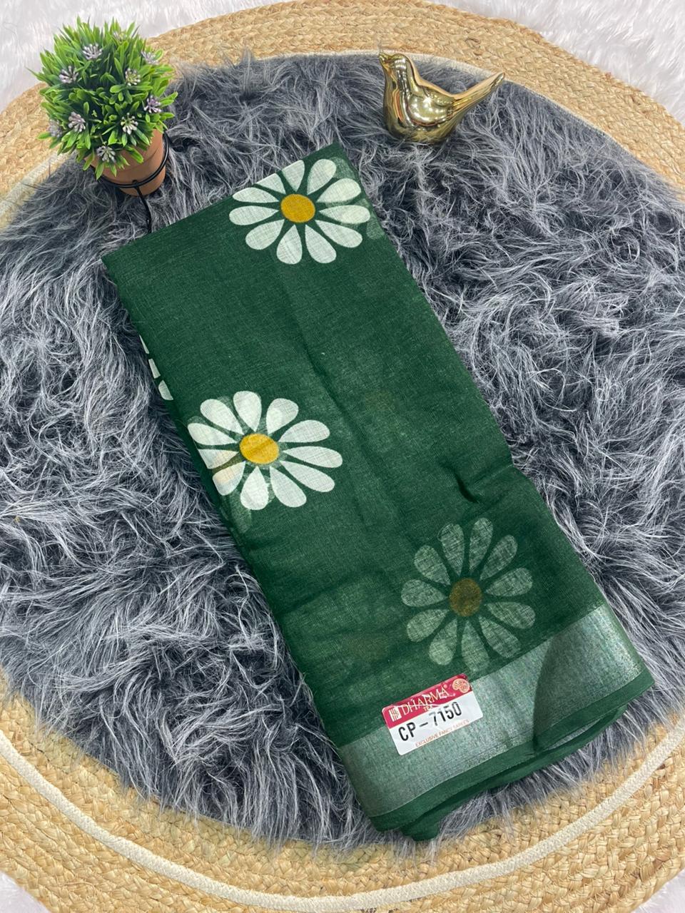 CP-7150 LINEN COTTON FABRIC SAREE WITH BEAUTIFUL PALLU WITH FLOWER DESIGN WITH BLOUSE